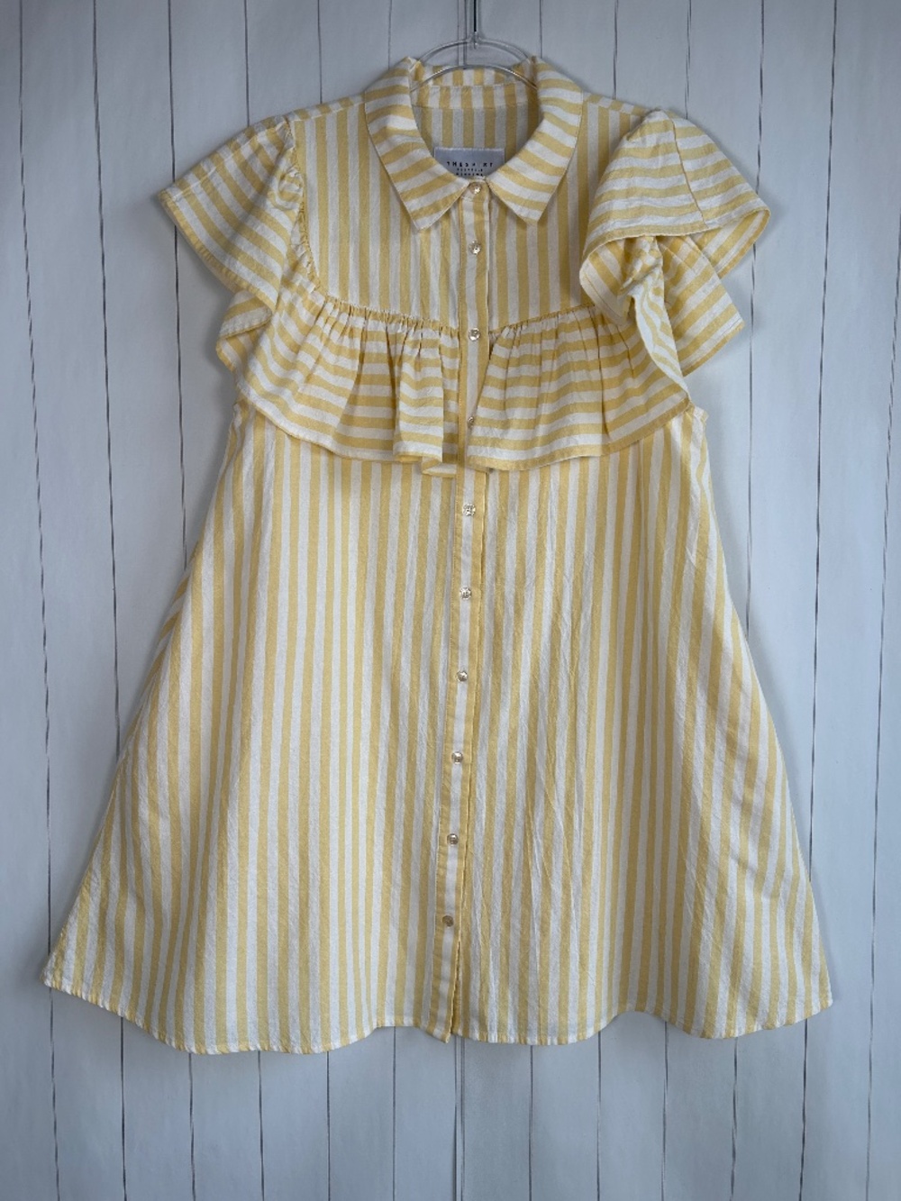 The Shirt Rochelle Behrens size L The Ayla short dress yellow stripe ruffle cott